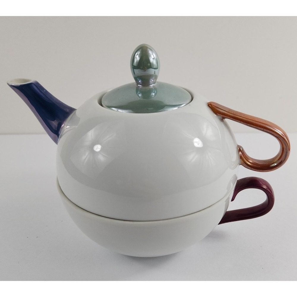 C&R Porcelain Tea for One Set Iridescent Metallic White Teapot and Cup Japan